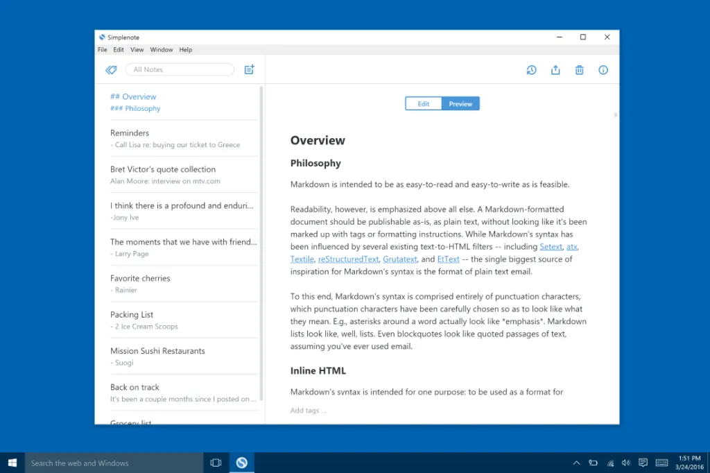 Simplenote app windows